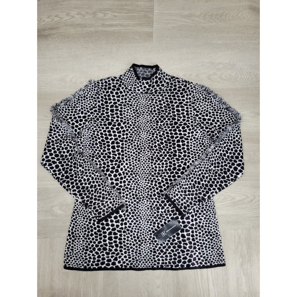 NWT INC Womens L Zebra Print Sweater Knit Top Mock Neck Fringe Sleeve Multicolor